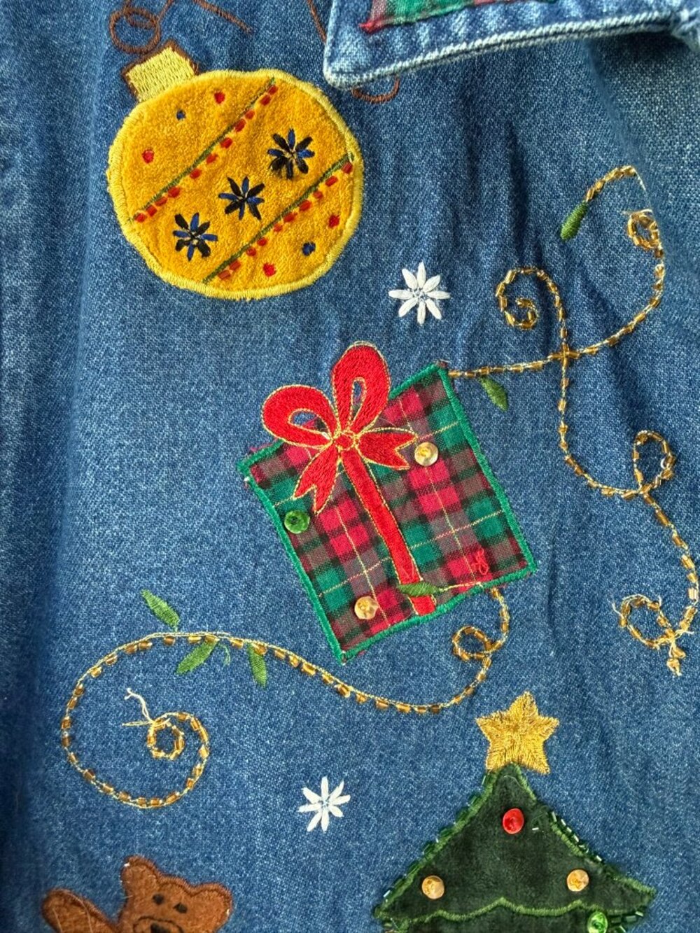 Vintage Tantrums Christmas Denim Jacket Teddy Bear Tree Ornament Plaid Appliqué - Picture 6 of 7